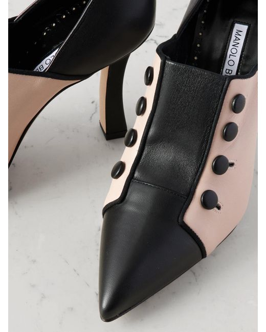 Manolo Blahnik Natural Sisygambis 105 Button-Embellished Two-Tone Leather Pumps