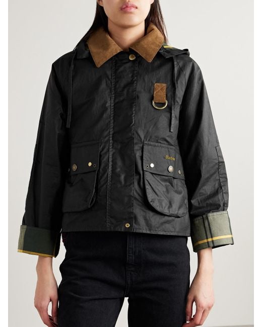 Barbour Black Erma Hooded Corduroy-Trimmed Waxed-Cotton Jacket
