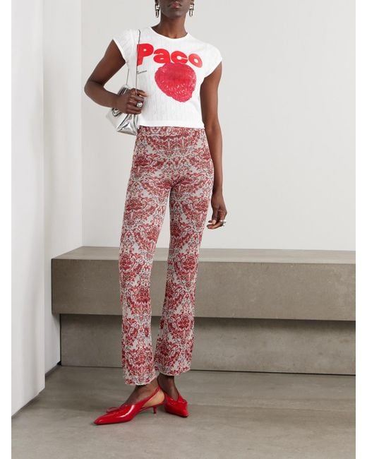 Rabanne Red Cropped Printed Pointelle-Knit Cotton T-Shirt