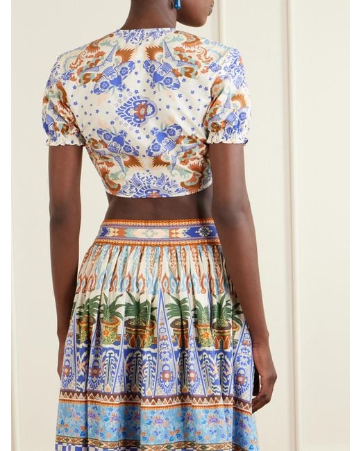 Emporio Sirenuse White Poppy Knotted Printed Cotton-Poplin Cropped Top