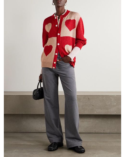 Bode Red Two-Tone Lamé Cardigan