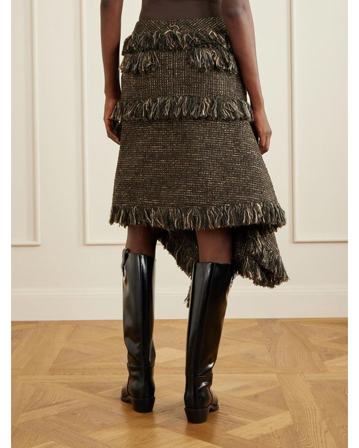 Sacai Brown Fringed Wool-Blend Tweed Midi Skirt