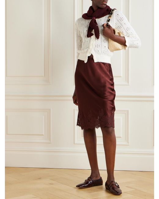 Doen Purple Elowette Lace-Trimmed Silk-Satin Midi Skirt