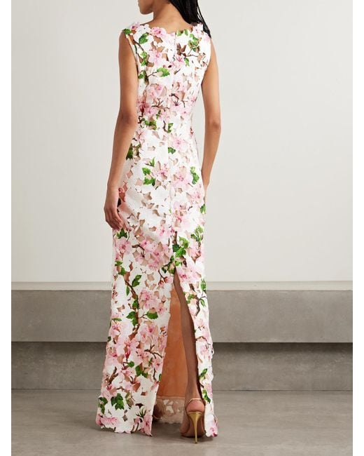 Oscar de la Renta White Robe Aus Guipure-Spitze Mit Blumenprint