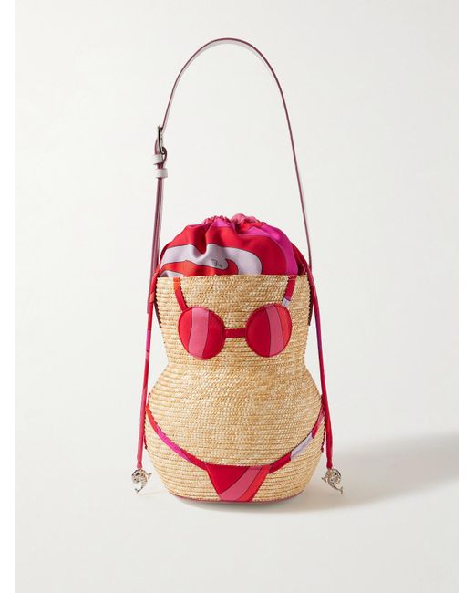 Emilio Pucci Red Nella Leather-Trimmed Raffia And Printed Satin-Twill Tote