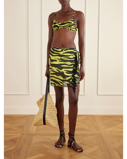 The Attico Yellow Tasseled Zebra-Print Cotton-Voile Pareo