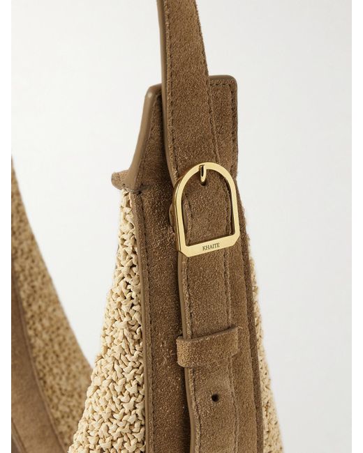 Khaite White Augustina Kleine Schultertasche Aus Raffiabast Mit Besätzen Aus Veloursleder