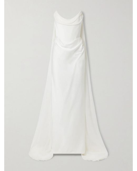 Vivienne Westwood White Galaxy Cape-Effect Strapless Organic Silk Chiffon-Trimmed Satin Gown
