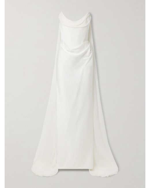 Vivienne Westwood White Galaxy Cape-Effect Strapless Organic Silk Chiffon-Trimmed Satin Gown
