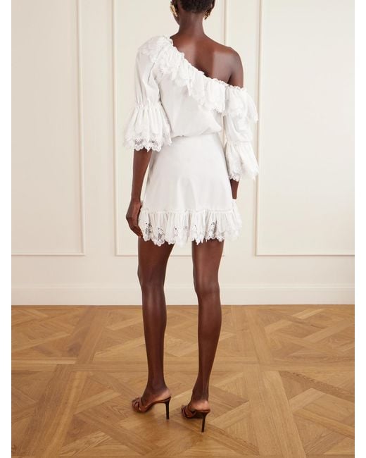 Saint Laurent Natural One-Shoulder Guipure-Lace Trimmed Cotton-Poplin Mini Dress