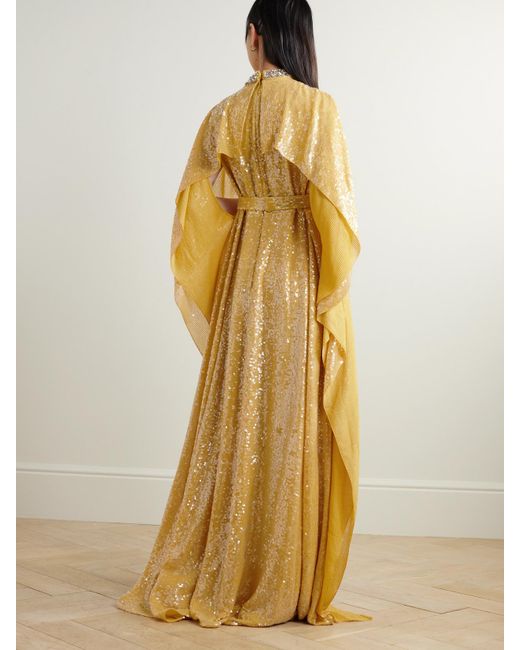 Erdem Yellow Cape-Effect Crystal-Embellished Sequined Crepe De Chine Gown