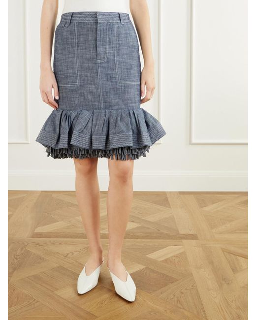 Jacquemus Blue La Jupe Cabana Fringed Ruffled Denim Mid-Rise Midi Skirt