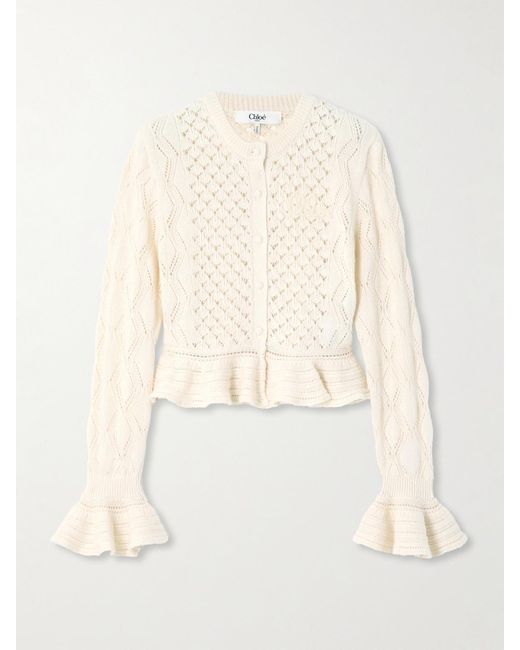 Chloé Natural Cropped Ruffled Pointelle-Knit Cotton, Alpaca And Silk-Blend Cardigan