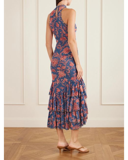 Etro White Ruffled Paisley-Print Tulle Midi Dress