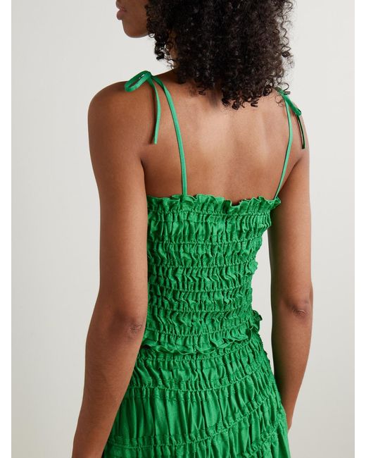 Tory Burch Green Smocked Lyocell-Blend Top