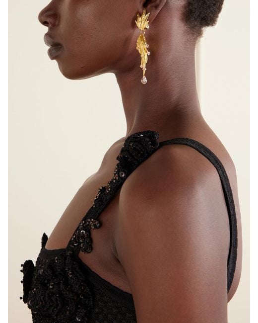 Oscar de la Renta White Palm Leaf Crystal-Embellished-Tone Clip Earrings