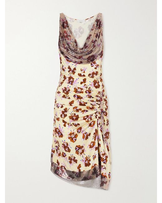 Rabanne White Chainmail-Embellished Ruched Floral-Print Satin Mini Dress