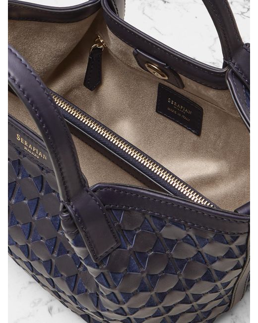 Serapian Blue Schultertasche Aus Geflochtenem Leder Und Veloursleder
