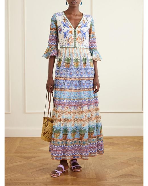 Emporio Sirenuse White Bella Pleated Printed Cotton Maxi Dress