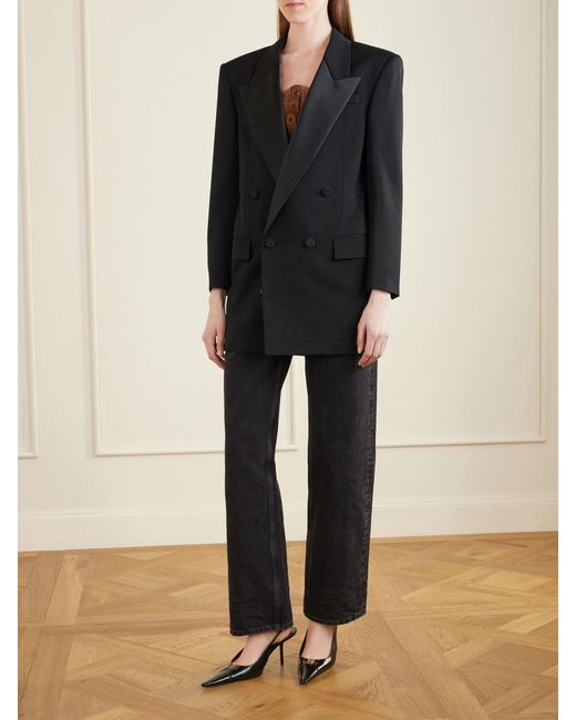 Saint Laurent Black Double-Breasted Satin-Trimmed Grain De Poudre Wool Blazer