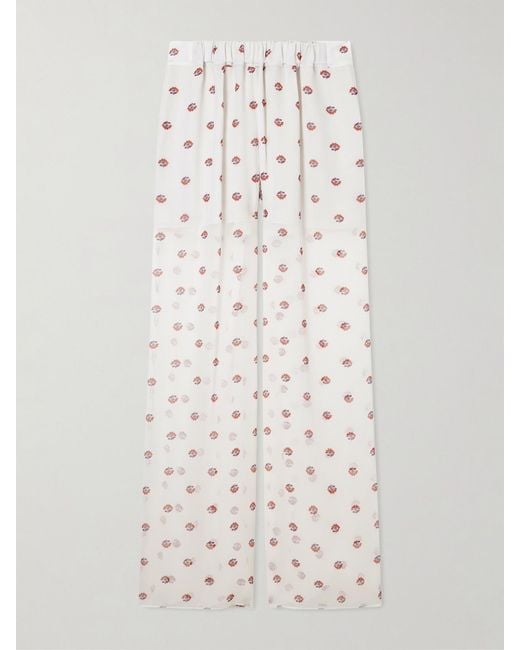 LIBEROWE White Palazzo Floral-Print Wide-Leg Silk Pants