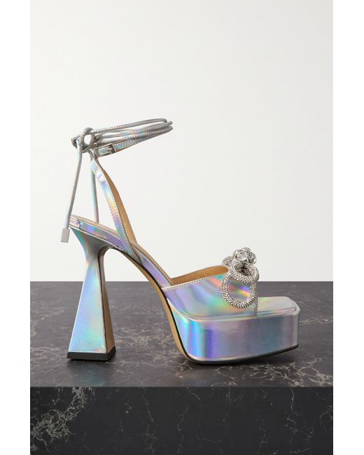 Mach & Mach Double Bow Crystal-embellished Iridescent Leather Platform ...