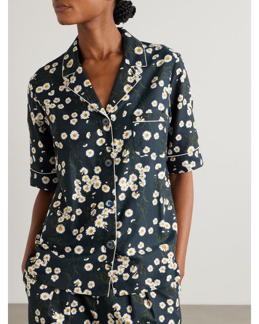 Eres Black Romance Je T'Aime Piped Floral-Print Silk Pajama Top