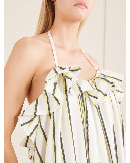 Marrakshi Life White Ruffled Striped Cotton Maxi Dress