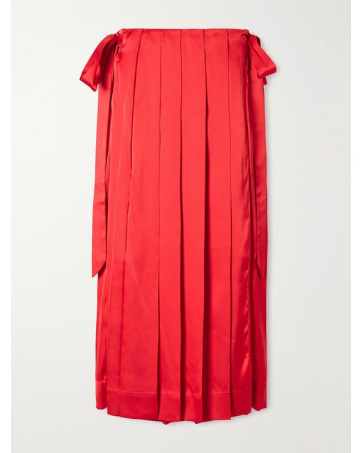 Simone Rocha Red Pleated Sheer Satin Midi Skirt