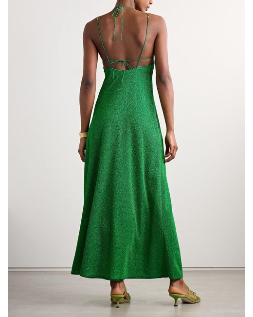 Oseree Green Lumière Cutout Chain-Embellished Metallic Stretch-Knit Maxi Dress