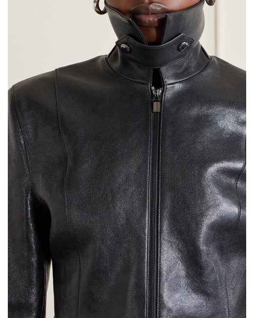 Magda Butrym Black Cropped Paneled Glossed Textured-Leather Biker Jacket