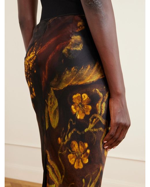 Dries Van Noten Brown Floral-Printed Silk-Satin Midi Skirt
