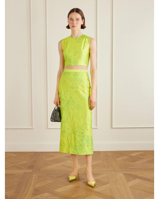 Erdem Yellow Floral-Print Crinkled-Satin Midi Skirt