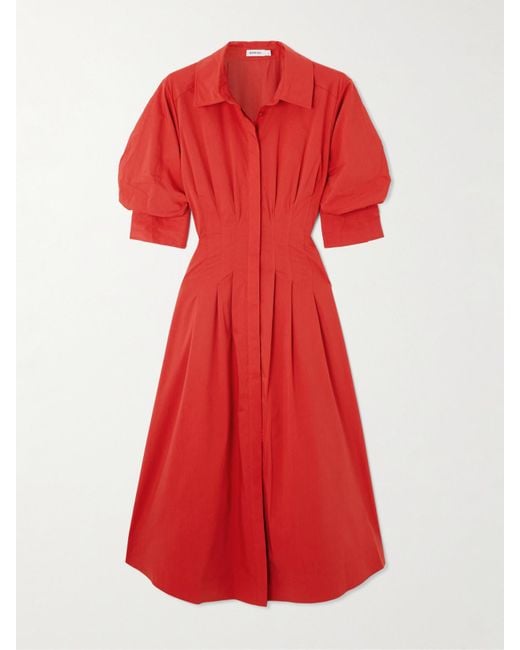 Jonathan Simkhai Red Jazz Pleated Cotton-Blend Poplin Midi Shirt Dress