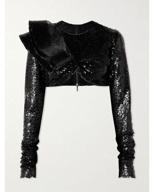 Maticevski Black Illusion Cropped Ruffled Sequined Mesh Top
