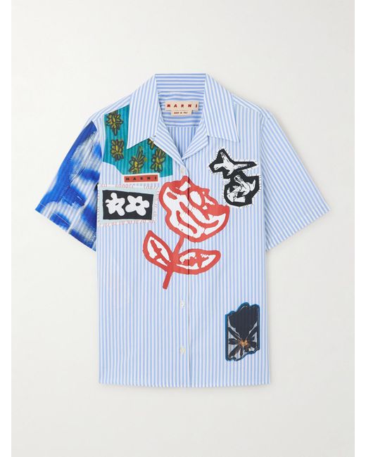 Chemise En Popeline De Coton Imprimée À Rayures Et À Appliqués Marni en coloris Blue