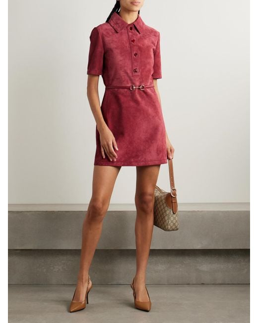 Gucci Belted Leather-Paneled Suede Mini Dress in Red | Lyst Gucci Belted Leather-Paneled Suede Mini Dress in Red | Lyst