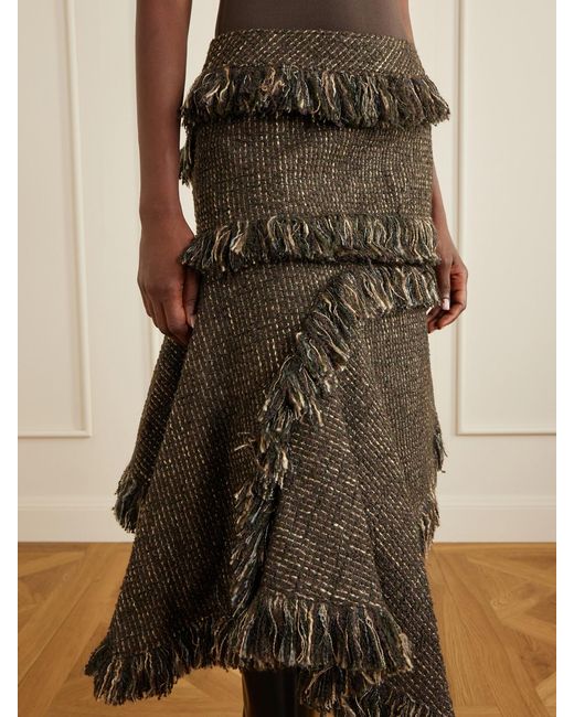 Sacai Brown Fringed Wool-Blend Tweed Midi Skirt