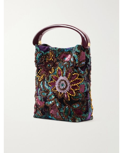 Dries Van Noten Black Bead-Embellished Printed Leather-Trimmed Velvet Tote