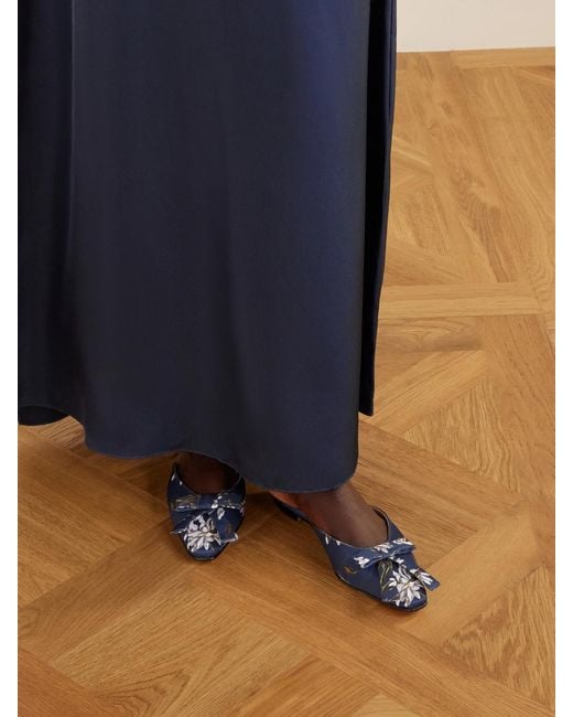 Manolo Blahnik Blue Emilia Wickstead Bow-Embellished Floral-Print Grosgrain Flats