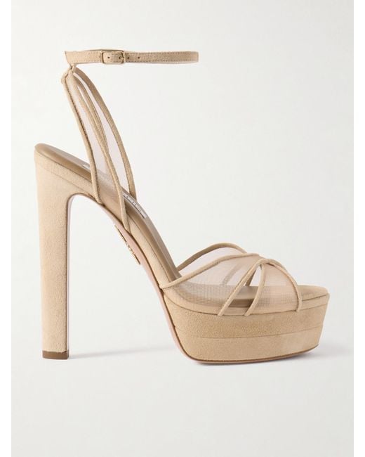 Aquazzura Natural Divine Plateau 130 Suede And Tulle Platform Sandals