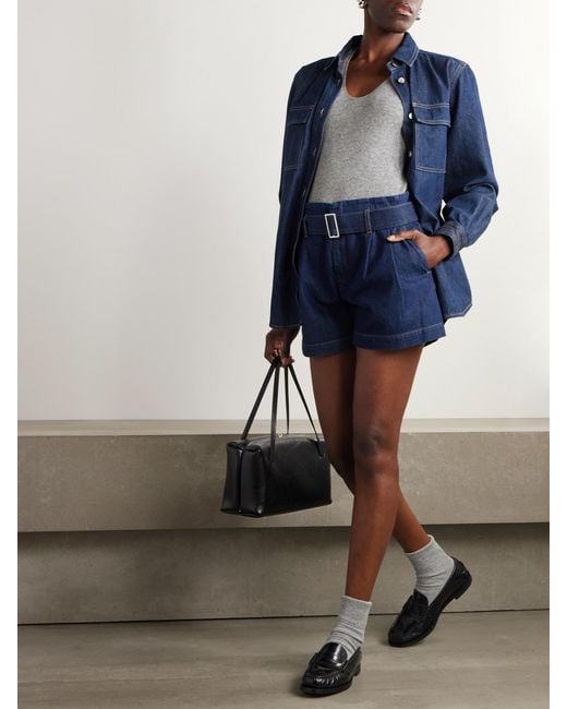 FRAME Blue The Paper Bag Belted Pleated Denim Shorts