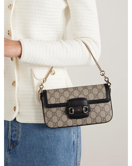 Gucci Brown Horsebit 1955 Embellished Leather-Trimmed Coated-Canvas Shoulder Bag