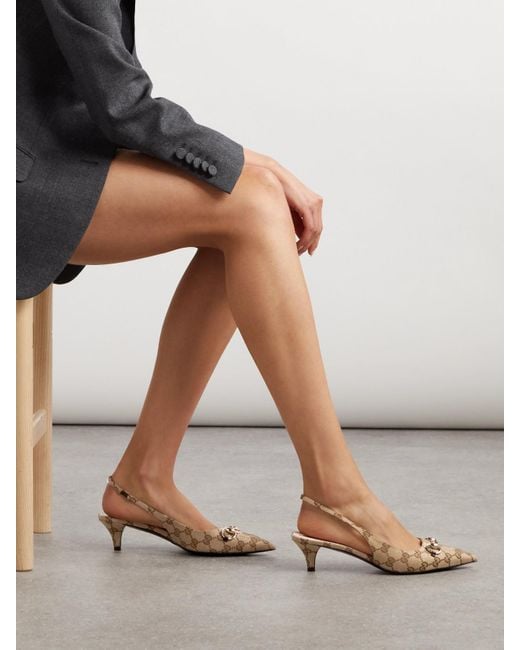 Gucci Natural Erin Horsebit-Embellished Canvas-Jacquard Slingback Pumps