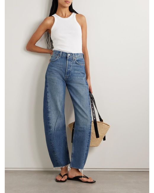 Agolde Blue Luna Frayed High-Rise Barrel-Leg Jeans