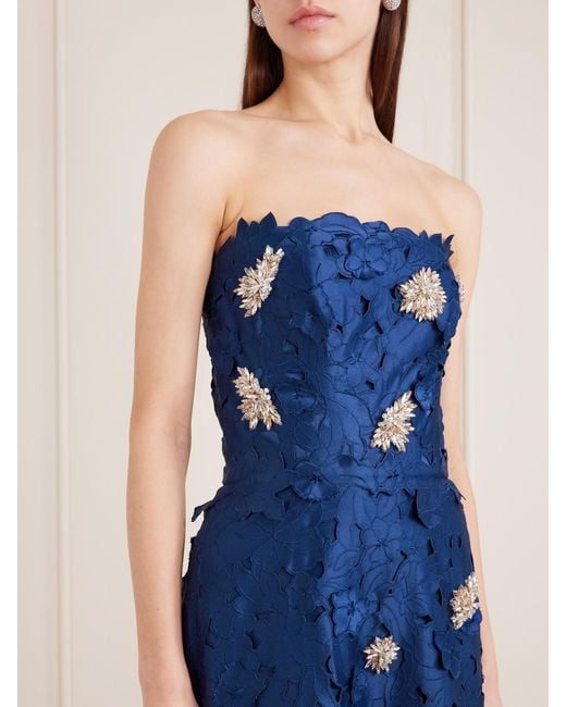 Costarellos Blue Strapless Crystal-Embellished Corded Lace Midi Dress