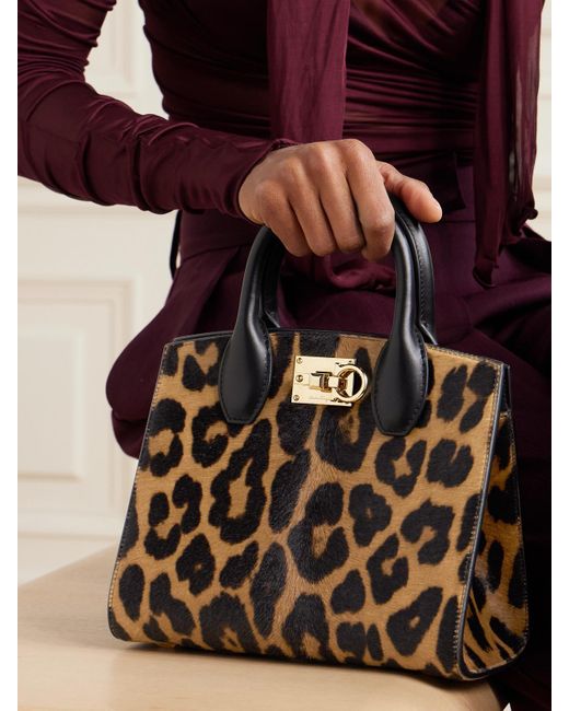 Ferragamo Black The Studio Box Leather-Trimmed Leopard-Print Calf Hair Tote