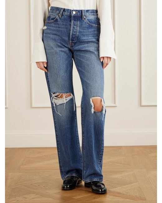 FRAME Blue The Vertical Distressed-Detail Straight-Leg Jeans