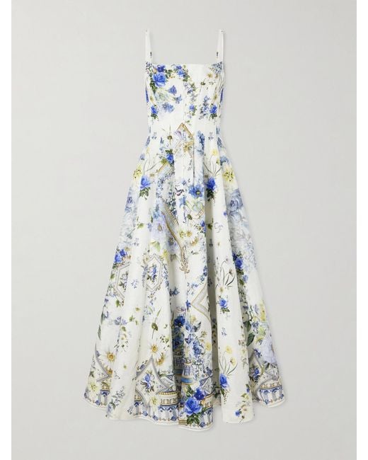 Camilla White Embellished Floral-Print Linen And Silk-Blend Midi Dress