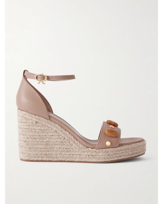Gianvito Rossi Natural 70 Embellished Leather Espadrille Wedge Sandals
